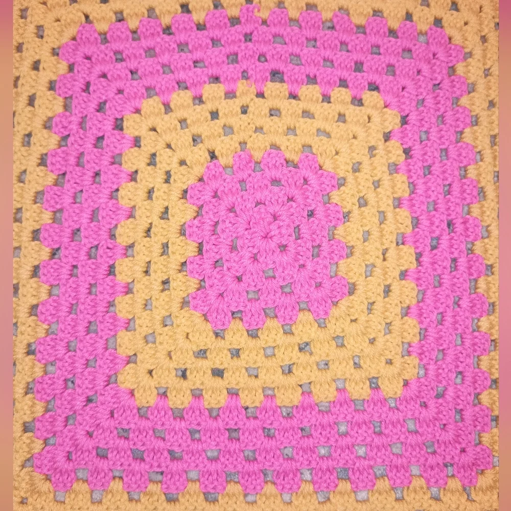 Granny Square  Hand Made Crochet Hot Pink yellow Small Lap Blanket